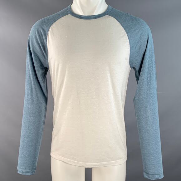 VINCE Size S White Blue Linen Crew Neck Baseball Tee Pullover - Picture 1 of 6